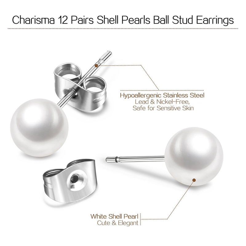 Charisma 8mm Composite Pearl Earrings Round Ball Pearls Stud Earrings Hypoallergenic 12 Pairs Imitation Pearl Earrings Set for Women - Image 3
